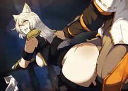 1boy 1girls animal_ears ass blush cat_ears doggy_style grey_hair long_hair mio_(xenoblade) nintendo open_mouth pants_down pinkseito taion_(xenoblade) xenoblade_(series) xenoblade_chronicles_3