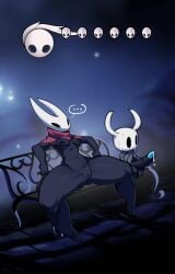 anthro arachnid arthropod bbo bench bodily_fluids breasts cape casual clothing cum cum_drip dripping duo erection female gameplay_mechanics genital_fluids genitals gui health_bar hi_res hollow_knight horn hornet_(hollow_knight) incest male manspreading mostly_nude navel nipples nsfw_bbo outerwear penis protagonist_(hollow_knight) public pussy sexual_tension sitting small_breasts spider spread_legs spreading sweat team_cherry thick_thighs vessel_(species)