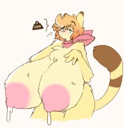 big_breasts caeleste ear fluffy_chest fluffy_tail furry lactating lactating_nipples mia_(world_flipper) pink_nipples world_flipper yellow_fur