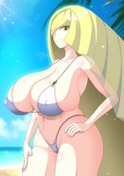 1girls alternate_breast_size beach bikini blonde_hair breasts female green_eyes hair_over_one_eye hips huge_breasts light-skinned_female light_skin long_hair lusamine_(pokemon) massive_breasts mature_female milf mother nintendo outdoors pokemon pokemon_sm s.forest thick_thighs thighs wide_hips