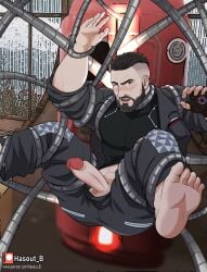 1boy 1male abs agent_p-3 atomic_heart balls bara beard biceps big_penis bondage clothing erection facial_hair gay hairy hasout_b hi_res highres male male_focus male_only muscular muscular_male nora_(atomic_heart) solo solo_male tagme