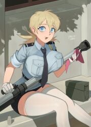 1girls ammo_box barleyshake big_breasts blonde_hair blue_eyes eyebrows eyelashes female female_only gun hellsing large_breasts light-skinned_female light_skin looking_at_viewer polishing seras_victoria sharp_teeth sniper sniper_rifle solo solo_female solo_focus stockings thick_thighs tie tie_between_breasts