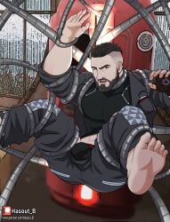 1boy 1male abs agent_p-3 atomic_heart bara beard biceps bondage bulge clothing facial_hair gay hairy hasout_b hi_res highres male male_focus male_only muscular muscular_male nora_(atomic_heart) solo solo_male tagme underwear