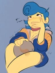 blowjob blowjob_face blue_hair covering_mouth dark_eyes gripping_thighs tagme tentacle_dick tentacle_in_mouth tentadick wally_darling_(welcome_home) welcome_home_(puppet_show) yellow_skin