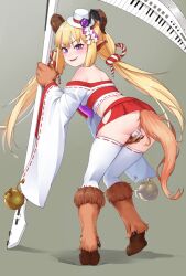 alternate_design animal_ears animal_hands ass baphomet_(monster_girl_encyclopedia) bare_shoulders blonde_hair blush claws commentary english_commentary female fewer_digits from_behind full_body goat_ears goat_horns grey_background hat highres hip_vent hooves horns leaning_forward long_hair long_sleeves looking_at_viewer low_twintails maebari maritan_(pixelmaritan) microskirt mini_hat mini_top_hat monster_girl monster_girl_encyclopedia nontraditional_miko off_shoulder ofuda ofuda_on_pussy pleated_skirt purple_eyes red_skirt ribbon-trimmed_sleeves ribbon-trimmed_thighhighs ribbon_trim scythe simple_background skirt smile solo tail thighhighs tilted_headwear top_hat twintails very_long_hair white_headwear white_thighhighs wide_sleeves