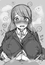 business_suit clothed_female clothed_paizuri confused confusion crying crying_with_eyes_open embarrassed erect_nipples nipples_visible_through_clothing office_lady paizuri paizuri_under_clothes yawaraka_yusen