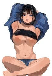 1girls armpits arms_above_head arms_up barefoot big_breasts black_hair blue_eyes breasts crossed_legs denim_clothing denim_jacket denim_shorts female human jacket mamimi_(artist) mamimi_(mamamimi) navel nipples solo solo_female