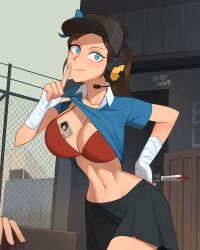 barleyshake big_breasts blue_eyes blush bra brown_hair cleavage female female_only femscout good_artwork hat headphones large_breasts light-skinned_female light_skin looking_at_viewer navel skirt solo solo_female solo_focus spy_(team_fortress_2) team_fortress_2