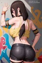 1girls against_wall ai_generated alternate_costume arm_support armband ass big_ass blush body_paint boruto:_naruto_next_generations bracelet brown_hair choker crop_top curvaceous female female_only from_behind graffiti hyuuga_hanabi lavender_eyes leg_strap light-skinned_female light_skin long_hair nai_diffusion naruto naruto_(series) pak-fa-t-50 ponytail presenting presenting_ass revealing_clothes round_ass short_shorts shorts sideboob skimpy skimpy_clothes solo solo_focus stable_diffusion tank_top voluptuous wristband