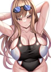 absurdres armpits arms_behind_head black_one-piece_swimsuit breasts bursting_breasts cleavage closed_mouth covered_navel female full_body goddess_of_victory:_nikke groin highres large_breasts light_brown_hair long_hair one-piece_swimsuit orange_eyes parapetto rapi_(classic_vacation)_(nikke) rapi_(nikke) skindentation solo standing swimsuit thighs