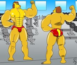 canine muscle musclefurrydogaaron muscles muscular muscular_male paj red_speedo speedo yellow_dog yellow_fur