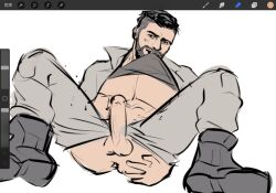 1boy abs agent_p-3 atomic_heart balls bara beard biceps erection facial_hair gay hairy hi_res highres male male_focus male_only muscular muscular_male no_male_underwear penis solo solo_male tagme