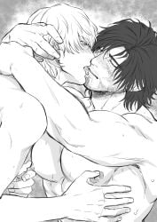 2boys absurdres bara blush brothers clive_rosfield closed_eyes facial_hair final_fantasy final_fantasy_xvi gay greyscale highres incest joshua_rosfield large_pectorals looking_at_another male_focus monochrome multiple_boys muscular muscular_male nipple_play nipple_tweak nipples pectorals scar scar_on_cheek scar_on_face short_hair tongue tongue_out yaoi yomotsuki_road