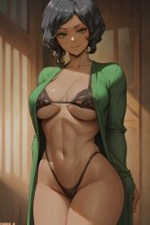 1girls ai_generated amiral_ai avatar_legends black_bra black_lingerie black_underwear bob_cut breasts brown_skin cleavage commission commission_art commissioner_upload curly_hair cutesexyrobutts_(style) cutesexyrobutts_ai_artstyle_imitation dark-skinned_female earth_kingdom earthbender exposed_breasts female green_eyes green_robe grey_hair hands_behind_back hourglass_figure lingerie matriarch metalbender milf mommy mother nickelodeon older_female pose seductive seductive_look smile sultry_eyes suyin_bei_fong the_legend_of_korra thick_thighs thighs underwear zaofu