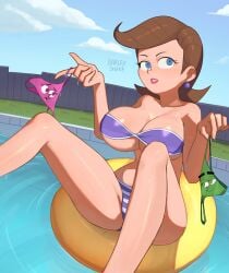 barleyshake big_breasts bikini bikini_bottom bikini_top brown_hair cosmo earrings eyebrows female female_only large_breasts light-skinned_female light_skin lipstick looking_at_viewer pool purple_eyes solo solo_female solo_focus straight_hair swimsuit swimwear the_fairly_oddparents timmy's_mom transformation underboob wanda wide_hips