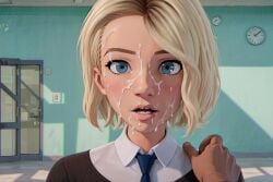 1boy 1girls ai_generated blonde_hair blue_eyes bukkake clothed_female cum cum_on_face detailed_background dragonlord3989 facial female gwen_stacy hand_on_shoulder male marvel miles_morales open_mouth spider-gwen spider-man_(series) surprised_expression unseen_male