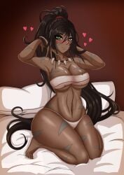 2d 2d_(artwork) bandage bandaged_chest barely_clothed bed bedroom bedroom_eyes bedsheets black_hair dfg green_eyes green_eyes_female league_of_legends lovehearts nearly_nude nidalee ponytail riot_games simple_background strapless strapless_top strapless_topwear tanned tanned_female tanned_skin tribal_markings tribal_tattoo tribal_tattoos tubetop