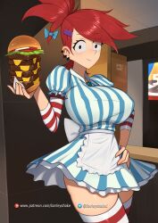 barleyshake big_breasts burger cosplay costume ear_piercing female female_only food foster's_home_for_imaginary_friends frankie_foster hand_on_hip large_breasts looking_at_viewer ponytail red_hair skirt solo solo_female solo_focus stockings thighhighs wendy_thomas_(cosplay) wide_hips