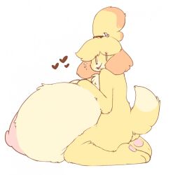 animal_crossing breasts breasts_bigger_than_head caeleste canine feet female female_focus female_only fluff fluffy_tail furry heart huge_breasts isabelle_(animal_crossing) nintendo nipples pink_nipples ponytail simple_background yellow_fur