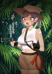 absurdres blush branch brown_headwear brown_skirt cowboy_hat crop_top dowsing_rod female fingerless_gloves gloves green_eyes hat highres japanese_text open_mouth original ponytail raenoreto skirt solo tank_top text translated whip white_tank_top