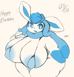 1girls 2023 areola areolae artist_signature ass big_areola big_ass big_breasts birthday_cake blue_areola blue_nipples breasts chubby chubby_female cute eeveelution english_text gift_art gigantic_breasts glaceon huge_breasts large_breasts nipples pokemon pokemon_(species) pokemon_dppt shortstack skimpy skimpy_bikini solo solo_focus stevest58244496 text top_heavy white_background white_body wide_hips