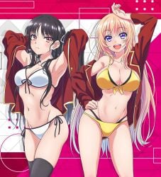 2girls arm_up armpits arms_behind_head belly_button big_breasts bikini black_hair black_leggings blonde_hair blue_eyes breasts busty classroom_of_the_elite female female_only front-tie_top hand_on_hip highres horikita_suzune ichinose_honami_(cote) large_breasts legs long_hair looking_at_viewer model_pose multiple_girls navel official_art open_clothes open_mouth pose posing red_blazer schoolgirls sensual sexy_armpits smile stomach swimsuit thighs voluptuous yellow_bikini youkoso_jitsuryoku_shijou_shugi_no_kyoushitsu_e