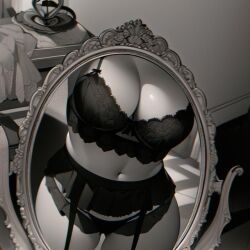 ai_generated big_breasts black_and_white black_bra black_lingerie black_panties breasts bust busty de_generate female female_focus female_only goth goth_girl mature mature_female milf mirror older_female original pale_skin tummy