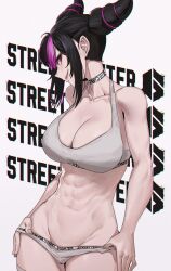 1girls abs absurdres black_hair bra breasts choker cleavage copyright_name double_bun english_text female female_only grey_bra grey_panties grin groin hair_bun head_tilt highres jin_rou juri_han large_breasts lips multicolored_hair navel panties panty_pull pink_hair purple_eyes smile solo stomach streaked_hair street_fighter street_fighter_6 two-tone_hair underwear underwear_only white_background white_choker