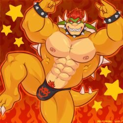 2023 abs absurd_res anthro artist_name barazoku barefoot bent_leg biceps big_bulge big_muscles big_pecs bowser bracelet bulge claws clothed clothing collar devil_horns_(gesture) eyebrows feet fire front_view gesture hair hi_res horn huge_muscles jewelry koopa logo looking_at_viewer male male_only manly mario_(series) muscular muscular_anthro muscular_male navel nintendo nipples non-mammal_nipples obliques on_one_leg orange_background pecs pubes pumpking_wolf scalie serratus shell simple_background smile solo spiked_bracelet spiked_collar spiked_shell spiked_tail spikes spikes_(anatomy) standing star tail teeth thick_thighs thong thong_only topless topless_anthro topless_male underwear underwear_only