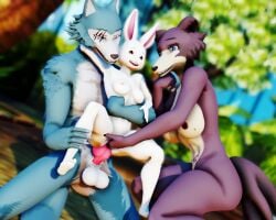 3d_(artwork) anal anal_sex animal_genitalia animal_penis anthro anthro_on_anthro balls beastars breasts brown_body brown_fur canid canine canine_genitalia canine_penis canis digital_media_(artwork) domestic_rabbit dwarf_rabbit erection female female/female female_fingering_female female_penetrated female_penetrating female_penetrating_female finger_fuck fingering fingering_partner fur genitals grey_body grey_fur group haru_(beastars) hi_res juno_(beastars) knot lagomorph larger_female larger_male legoshi_(beastars) leporid male male/female male_penetrating male_penetrating_female malicekira mammal nipples nude oryctolagus penetration penile penis predator/prey predator_penetrating_prey pussy rabbit sex size_difference smaller_female tongue trio vaginal_penetration vaginal_penetration white_body wolf