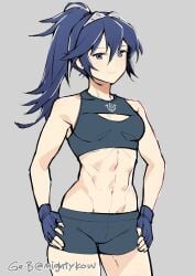 1girls abs absurdres alternate_costume alternate_hairstyle bare_shoulders blue_eyes blue_gloves blue_hair breasts crop_top female female_only fingerless_gloves fire_emblem fire_emblem_awakening ge-b gebyy-terar gloves grey_background hair_between_eyes hands_on_own_hips highres lucina_(fire_emblem) nintendo ponytail small_breasts smile solo symbol-shaped_pupils symbol_in_eye tiara twitter_username