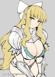 1girls absurdres armor bikini_armor blonde_hair bow breasts charlotte_(fire_emblem) deep_cleavage female female_only fire_emblem fire_emblem_fates ge-b gebyy-terar green_eyes hairbow highres large_breasts long_hair looking_at_viewer navel nintendo shoulder_armor smile solo stomach twitter_username vambraces very_long_hair white_bow