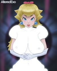 1girls alteredexo big_breasts blonde_hair blue_eyes female female_only huge_breasts lips mario_(series) massive_breasts ponytail princess_peach princess_peach:_showtime! solo