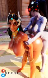 1girls 3d 3d_(artwork) ass ass_up big_ass big_breasts big_butt blender blizzard_entertainment dark_skin eye_contact eyebrows eyelashes eyewear_on_head futa_on_female futanari hair hi_res hotsteak hourglass_figure huge_ass huge_breasts huge_butt light_skin looking_at_viewer overwatch penis standing_doggy_style symmetra thick thick_ass thick_thighs thighs voluptuous watermark widowmaker