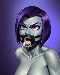 1girls after_fellatio ai_generated angry big_breasts bondage breasts cleavage cum cum_in_mouth dc dc_comics eyeshadow female female_only femsub nude open_mouth_gag plug_gag portrait purple_hair raven_(dc) ring_gag slave solo tagme teen_titans