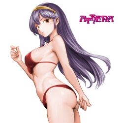 1girls ass athena_(series) big_breasts bikini brown_eyes busty female female_only from_side large_breasts legs long_hair looking_at_viewer princess_athena purple_hair red_bikini sideboob snk solo swimsuit thighs