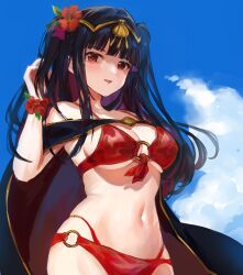 1girls bare_shoulders bikini black_hair blunt_bangs blush breasts cape cleavage female female_only fire_emblem fire_emblem_awakening fire_emblem_heroes highres jurge long_hair looking_at_viewer medium_breasts navel nintendo official_alternate_costume red_bikini red_swimsuit sideboob solo swimsuit tharja_(fire_emblem) tharja_(summer)_(fire_emblem) tiara two_side_up underboob upper_body