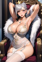 1girls ai_generated crown curvy_body curvy_female curvy_figure female_focus female_only fur fur_trim garter_straps huge_breasts lingerie looking_at_viewer mature_female milf mommy queen silver_hair stable_diffusion stockings throne voluptuous voluptuous_female wealthy_female