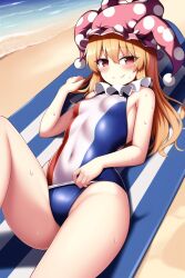 ai_generated blonde_hair clothing clownpiece laying_on_back red_eyes small_breasts smile sweat swimsuit touhou