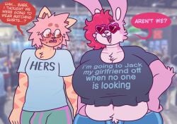 anthro big_breasts breasts bulge clothed clothing dapper_little_arts dialogue english_text female fully_clothed fur furry futanari huge_breasts t-shirt text text_on_clothing thick_thighs wide_hips