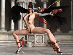 3d 3d_(artwork) adventuresinenf aiming aiming_weapon alfabravo armpits bayonetta bayonetta_(character) black_hair breasts dark_hair glasses gun guns high_heels legs_spread posing red_guns skimpy skimpy_clothes sling_bikini slingshot_swimsuit weapons