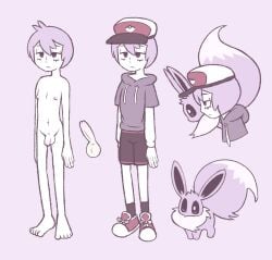 ambiguous_gender clothed clothing duo eevee erection feral flaccid generation_1_pokemon genitals hat headgear headwear human humanoid_genitalia humanoid_penis labbit labbit1337 male mammal nintendo nude penis pokemon pokemon_(species)