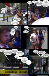 3d adventuresinenf blonde blue_leotard boob_window breasts cleavage cleavage_cutout comic crossover dc_comics dialogue fully_clothed karen_starr leotard marvel marvel_comics page_1 police police_tape power_girl psylocke red_belt superheroine superman_(series) tits white_leotard x-men