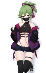 1girls breasts feintheart721 female female_only genshin_impact green_hair kuki_shinobu masked navel purple_eyes solo solo_female thick_thighs thigh_strap thighs voluptuous