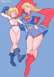 2girls aged_down aged_up alternate_breast_size attribute_swap big_breasts blonde_hair blue_eyes boob_window dc dc_comics female female_only leotard long_hair power_girl short_hair small_breasts sooperman supergirl superheroine superman_(series) thick_thighs