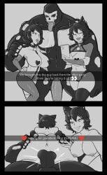 1boy 2girls 2koma anus anus_peek ass ass_focus ass_grab balls ballsack beringel big_breasts big_penis black_and_white blake_belladonna breasts cum cum_in_pussy cum_inside dark_hair english_text eyes faunus female grimm_(rwby) hand_on_ass hand_on_butt hand_on_shoulder happy heart_emote kali_belladonna lingerie male monochrome monster mother_and_daughter multiple_girls nayaase_beleguii nipple_covers oyakodon penis rwby saliva_string smile straight tagme text thighhighs tongue tongue_out vaginal_penetration