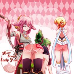 3girls ass barkyhito blonde_hair bottomless female female_only femsub genshin_impact green_hair kuki_shinobu legwear long_hair lumine_(genshin_impact) multiple_females over_the_knee_spanking pink_hair pussy short_hair spanking standing thighhighs yae_miko