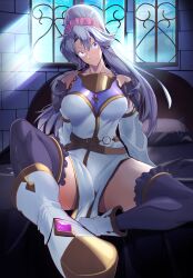 1girls bare_shoulders bedroom bedroom_eyes belt boots breasts collarbone female female_only fire_emblem fire_emblem:_genealogy_of_the_holy_war foot_fetish grey_hair indoors large_breasts long_hair looking_away nintendo pink_eyes ponytail presenting presenting_feet purple_eyes purple_hair reaching_out shoulders smug solo tailtiu_(fire_emblem) thick_thighs thighhighs thighs tomorrowsjoker very_long_hair window