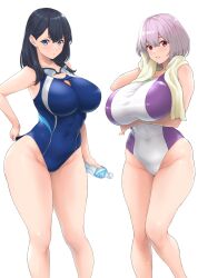 2girls adult_swim alternate_breast_size black_hair blue_eyes breasts competition_swimsuit female highleg_swimsuit hips huge_breasts kemigawa_mondo light-skinned_female light_skin long_hair one-piece_swimsuit pink_hair red_eyes shinjou_akane short_hair simple_background ssss.gridman swimsuit takarada_rikka thick_thighs thighs toonami wide_hips