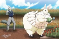 1boy 1girls anthro ass beastars belly bending_forward breasts bunny canine canine_humanoid dress fat female female_focus flowers furry gardening grey_fur haru_(beastars) hips hyper hyper_ass lagomorph lagomorph_humanoid large_ass large_breasts legoshi_(beastars) overweight overweight_female presenting presenting_hindquarters rabbit shocked shocked_expression stomach thick_thighs thighs tie vest watering_can weight_gain white_fur wide_hips wolf xxsparcoxx